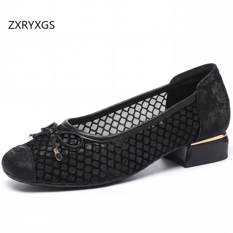 

ZXRYXGS High Quality Microfiber Round Toe Bow Mesh Sandals Comfort Mid Heels 2026 Temperament Elegant Women Sandals Large Size