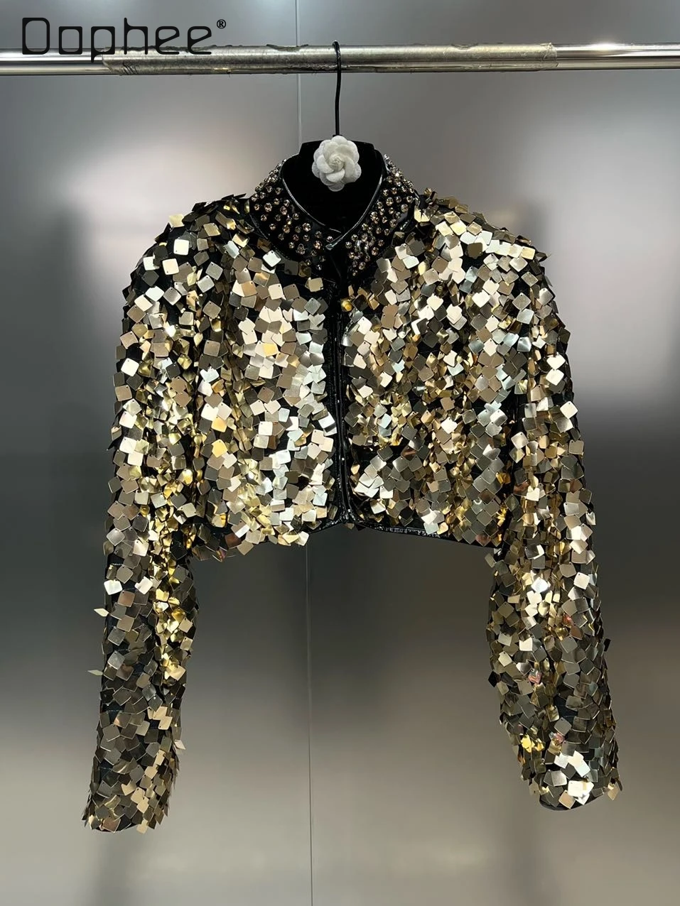 

Women Sequin Jacket Shining Rhinestone Long Sleeve Stand Collar Crop Top Short Coat Sexy Dance Clubwear Party Costumes Fashion