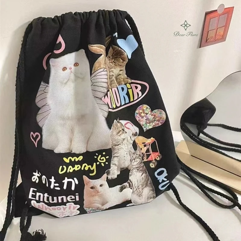 

Women Vintage Cat Print Canvas Backpacks Y2k Aesthetic Casual Travel Shoulders Bags Japanese Cartoon Chic Drawstring Schoolbags