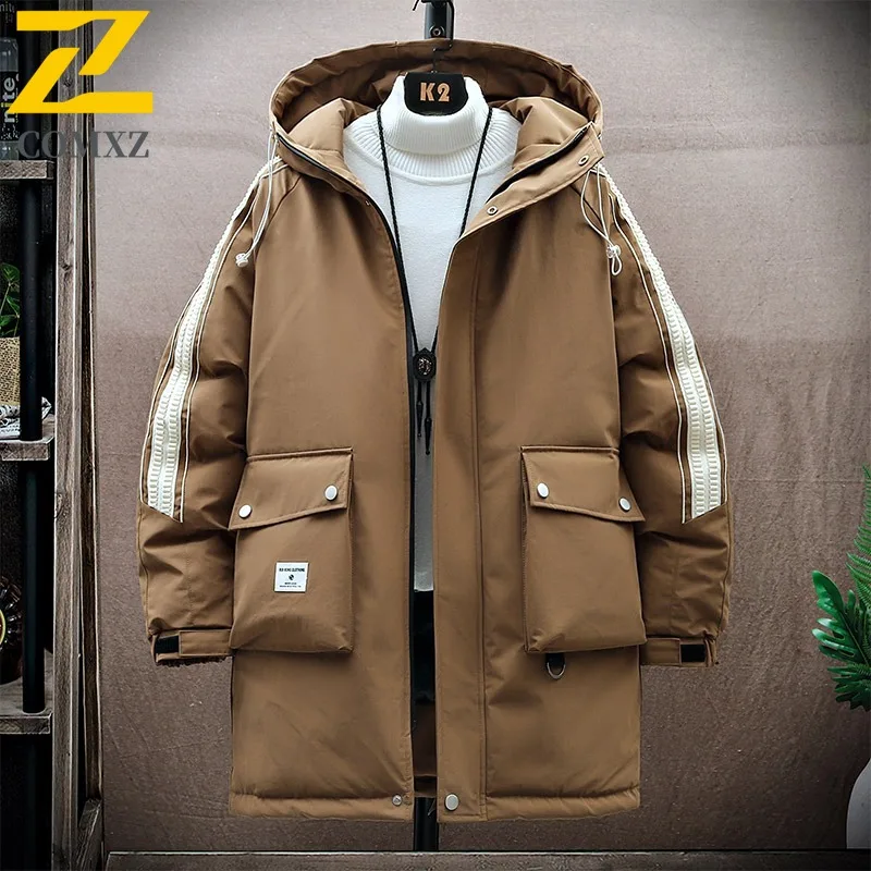 COMXZ Men Duck Down Mountain Hooded Waterproof Long Jacket American Style Vintage Winter Cotton-padded Outdoor Lightweight Coat