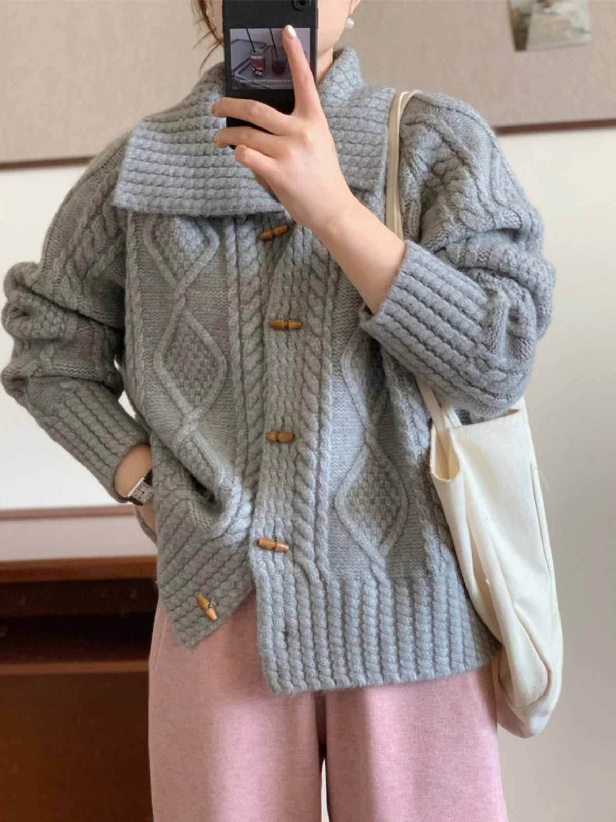 

Thiened Knitted Open Cardigan Women's Spring Autumn New Sle Youthful Sweet Button Collar Sweater Jaet Faionable