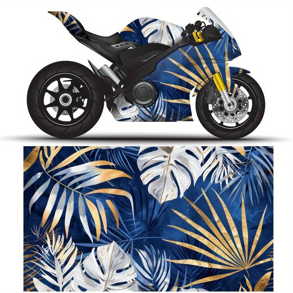 

2 шт., прочный синий и золотой узор с тропическими листьями, самоклеящаяся наклейка из ПВХ для мотоцикла, пленка для кузова мотоцикла, подходит для мо