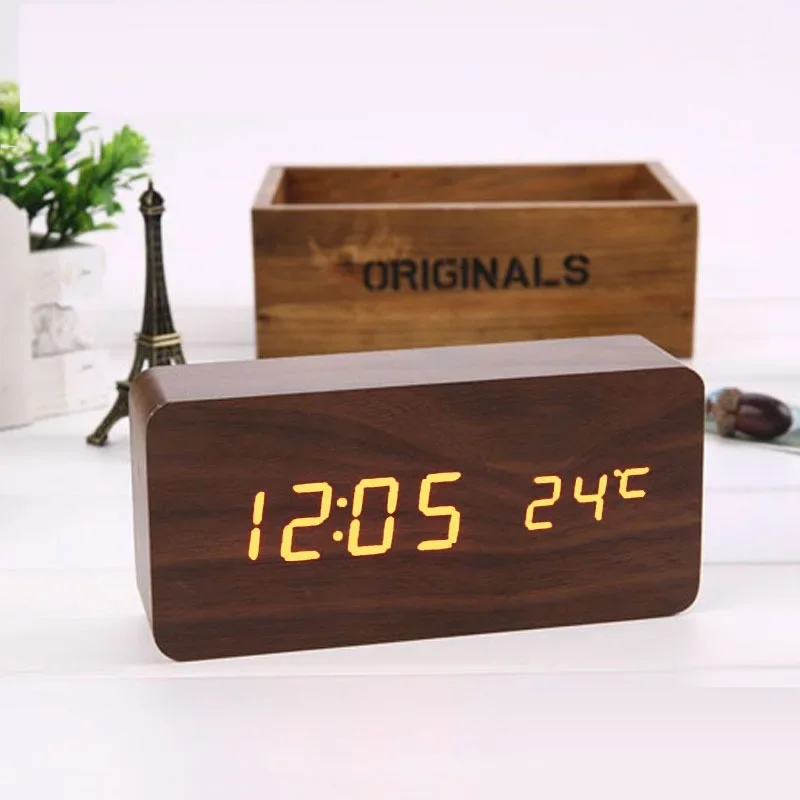 Wooden LED Digital Alarm Clocks Mirror Time Temperature Display Sound Control USB Battery Dual Power Bedroom Desk Decorations