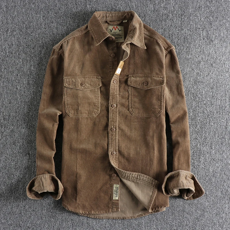 Vintage washed corduroy long-sleeved shirt men\'s simple and loose-fitting winter thick-style shirt coat