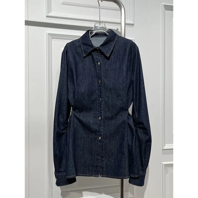 

Свободная джинсовая рубашка с длинным рукавом для защиты от солнца, с утяжкой на талии, для мужчин и женщин, весенняя, модная, повседневная, дышащая, влагоотводящая.