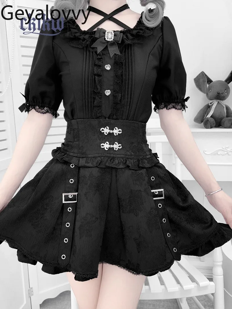 

Dark Pattern Metal Buckle Short Skirt Subculture Chinese Functional Style Sweet High Waist Slim Fit Versatile Mini A-Line Skirts