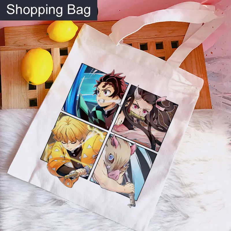 Demon Slayer Printed Women Shoulder Bag Hot Anime Shopping Bags Lady Cartoon ECO Canvas Portable Handbag High Capacity Tote Bag