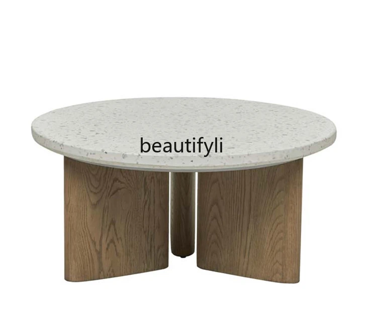 

Simple Terrazzo Silent Wind High and Low Combined Tea Table Small Apartment Living Room Home round Solid Wood Tea Table