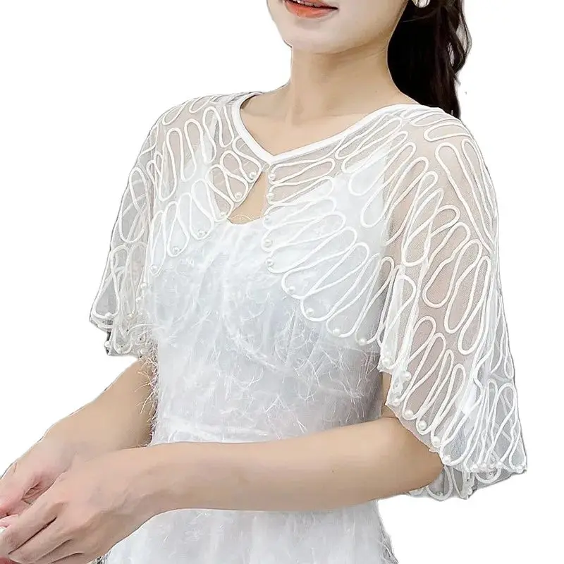 Bolero de manga corta para mujer, chal de encaje, capa nupcial, vestido de fiesta Formal de noche, chales y envolturas, blanco y negro, Verano