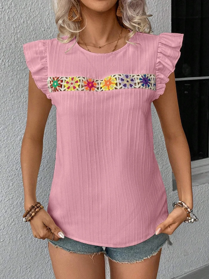 

Women Hook Flower Hollow Out Fyling Sleeve Blouses Summer O-Neck Solid Color Lace Tops Casual Elegant Shirts Female Blouses 2025