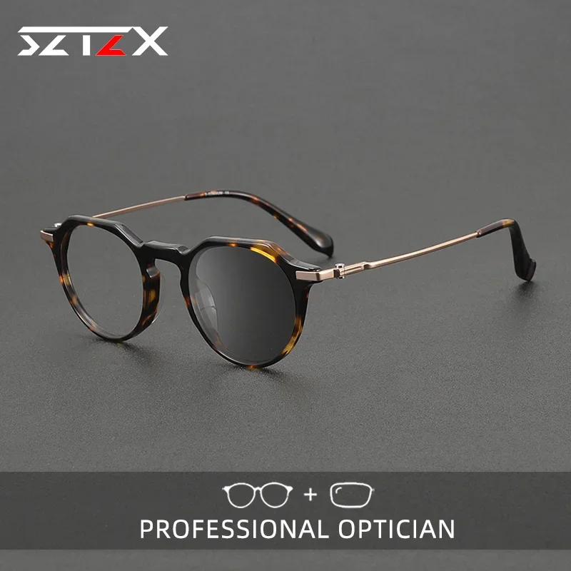 

SZTZX Retro Acetate Pure Titanium Reading Glasses Men Women Anti Blue Light Glasses Prescription Photochromic Eyeglasses 90009