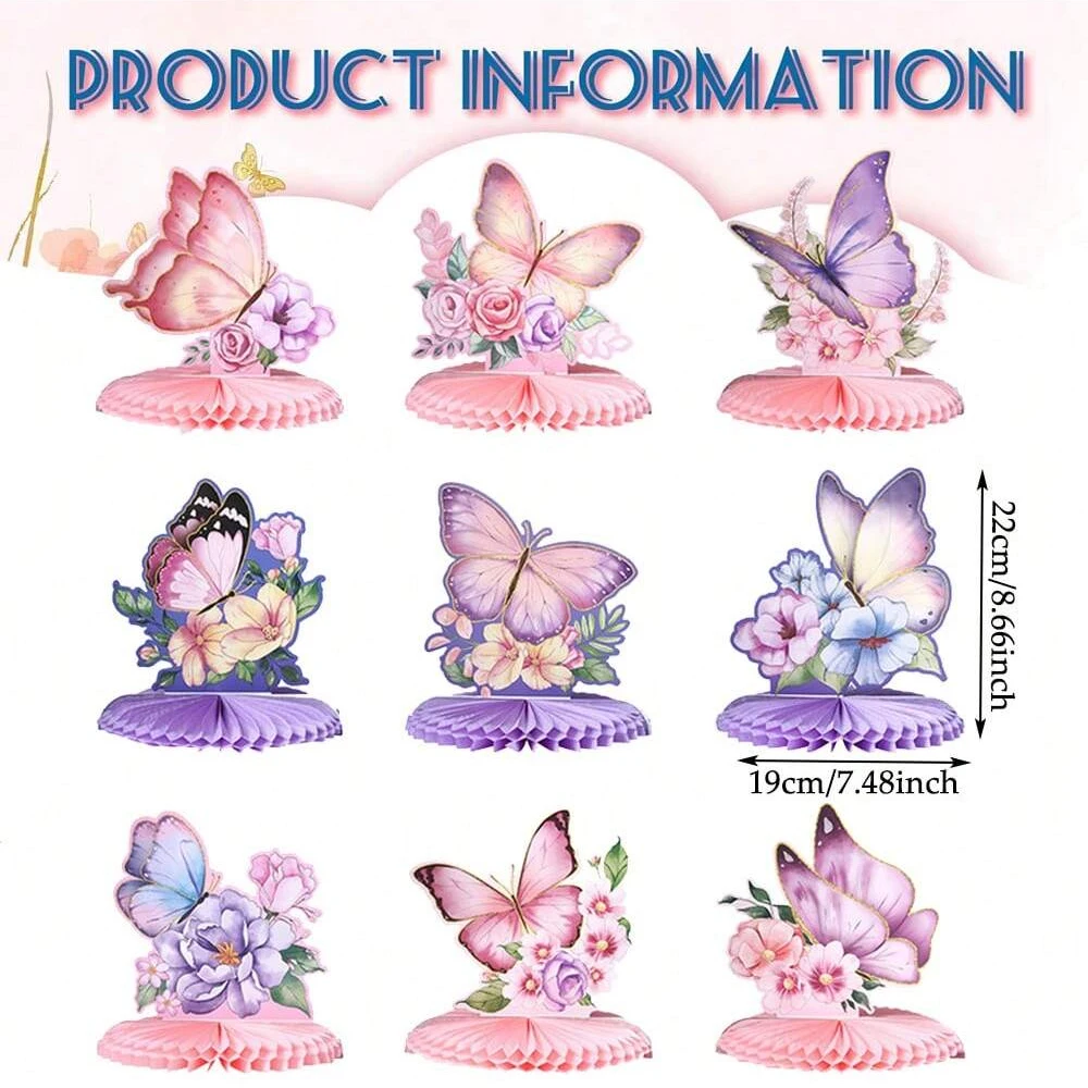 9pcs Pink Purple Butterfly Honeycomb Table Decorations for Kids Girls Butterfly Birthday Party Baby Shower Wedding Decor Supplie