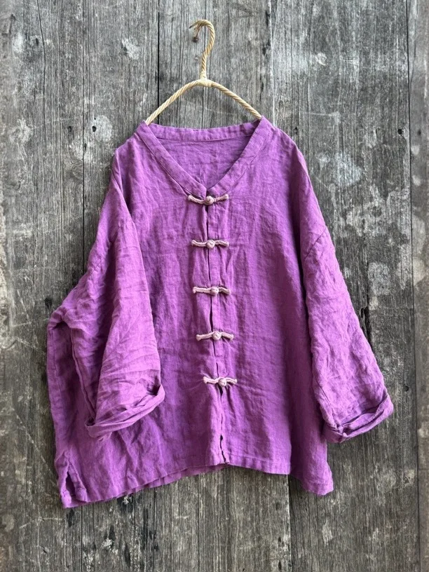 

Женская рубашка из чистого льна с длинным рукавом, на пуговицах, свободного кроя, в традиционном национальном стиле, высокое качество.