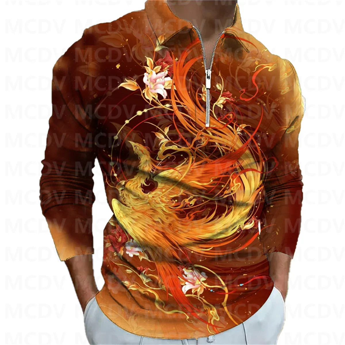 Men's Long Sleeve Zipper Polo Shirt Phoenix 3D Printed Polo Long Sleeve T Shirt Casual Tops