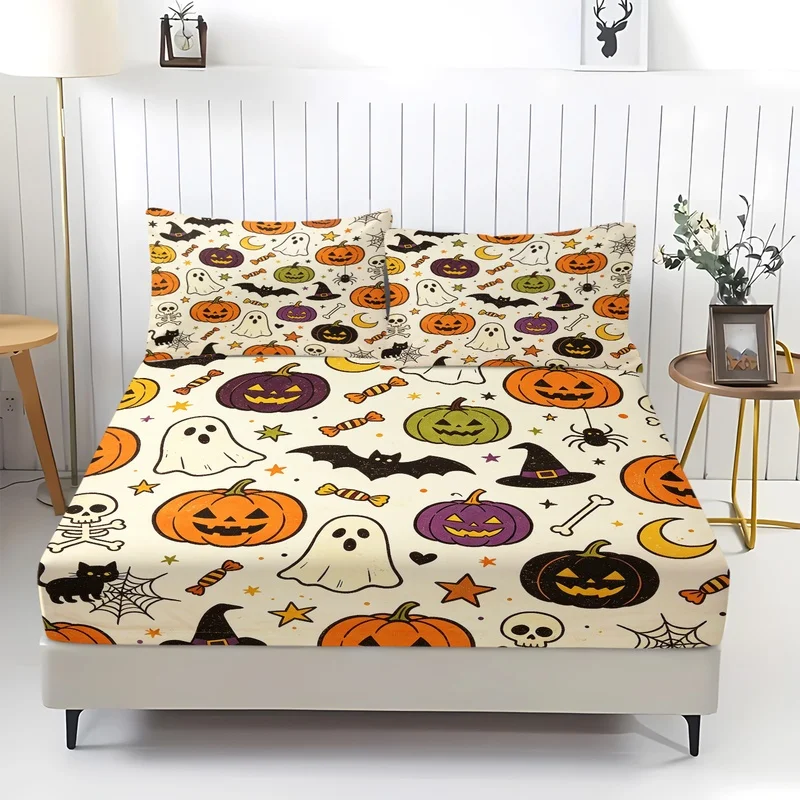 3Pcs Bed Sheet Set, Polyester, Optional Sizes, Fade‑Resistant, Cartoon Halloween Pumpkin Candy Spider Print (No Pillow Inserts)