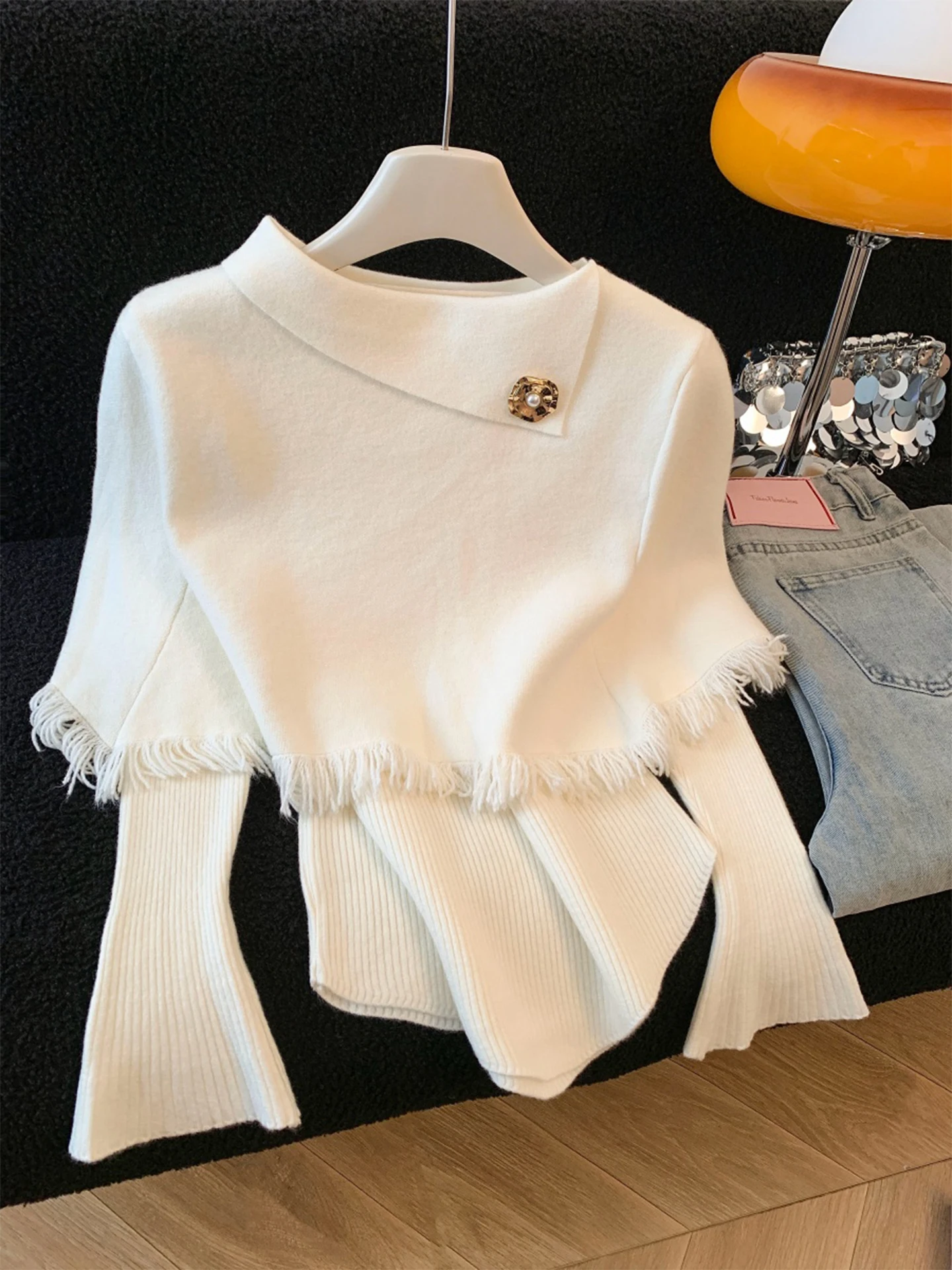 

Женский вязаный комплект из двух предметов Ele с шиловым воротником, плащ с кисточками, внутренняя одежда, мягкая эластичная осенне-зимняя модная одежда для поездок на работу...