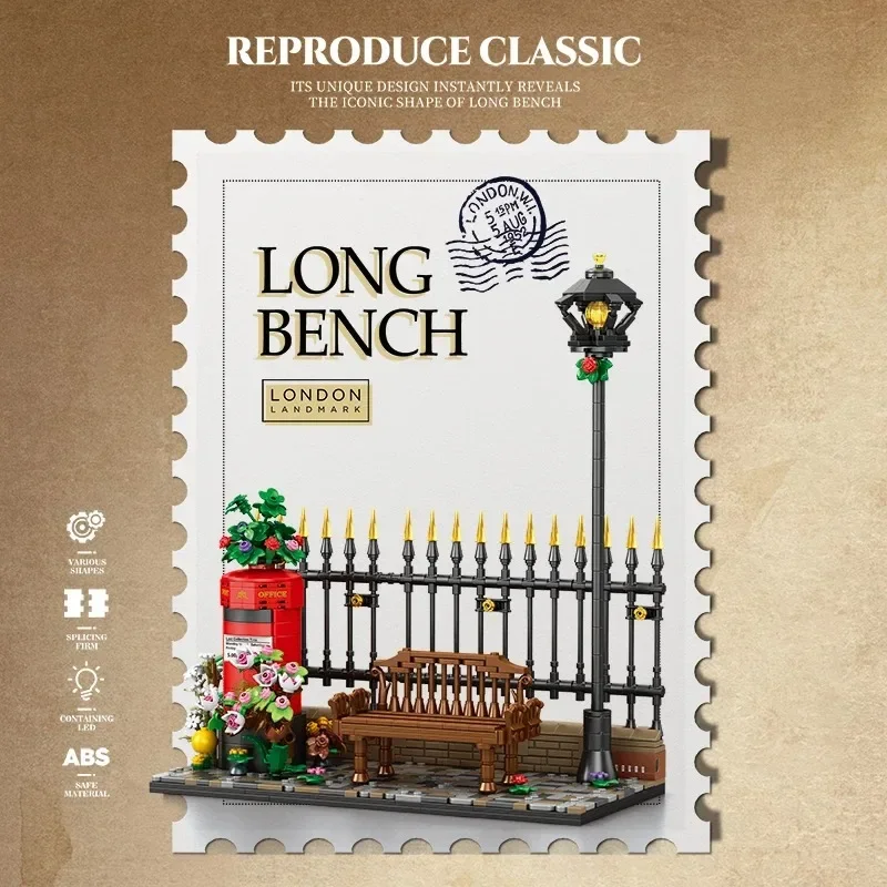 Long Bench Building Blocks 1057PCS British Street Scene Model Kit With LED Light Red Post Box Iron Fence Flower Brick Adult Gift