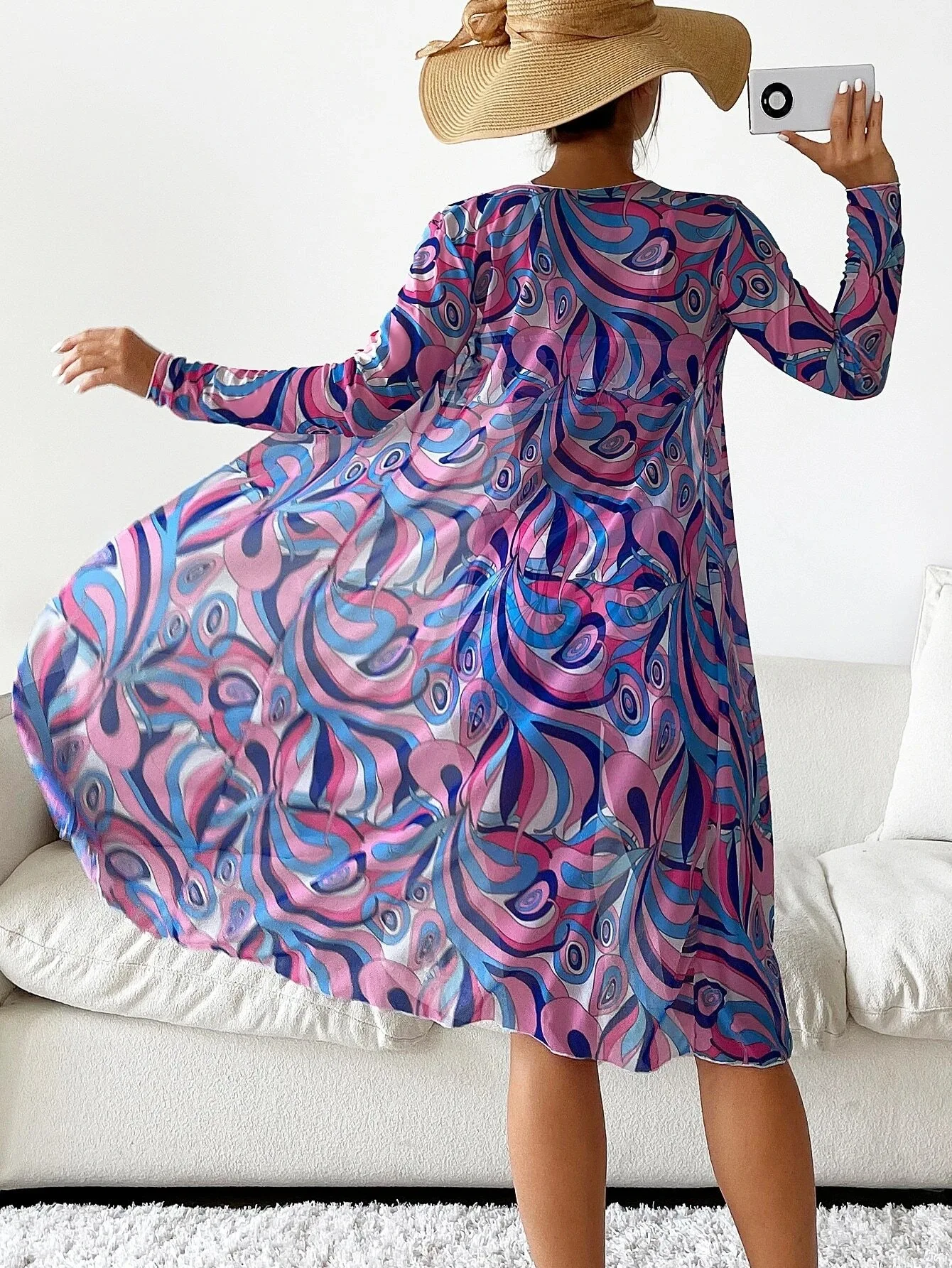 ชุดว่ายน้ำวินเทจเอวสูงลายพิมพ์ 3 ชิ้น พร้อมเสื้อคลุมตาข่ายแขนยาว บิกินี่แบบดันทรง ชุดชายหาดสำหรับผู้หญิง