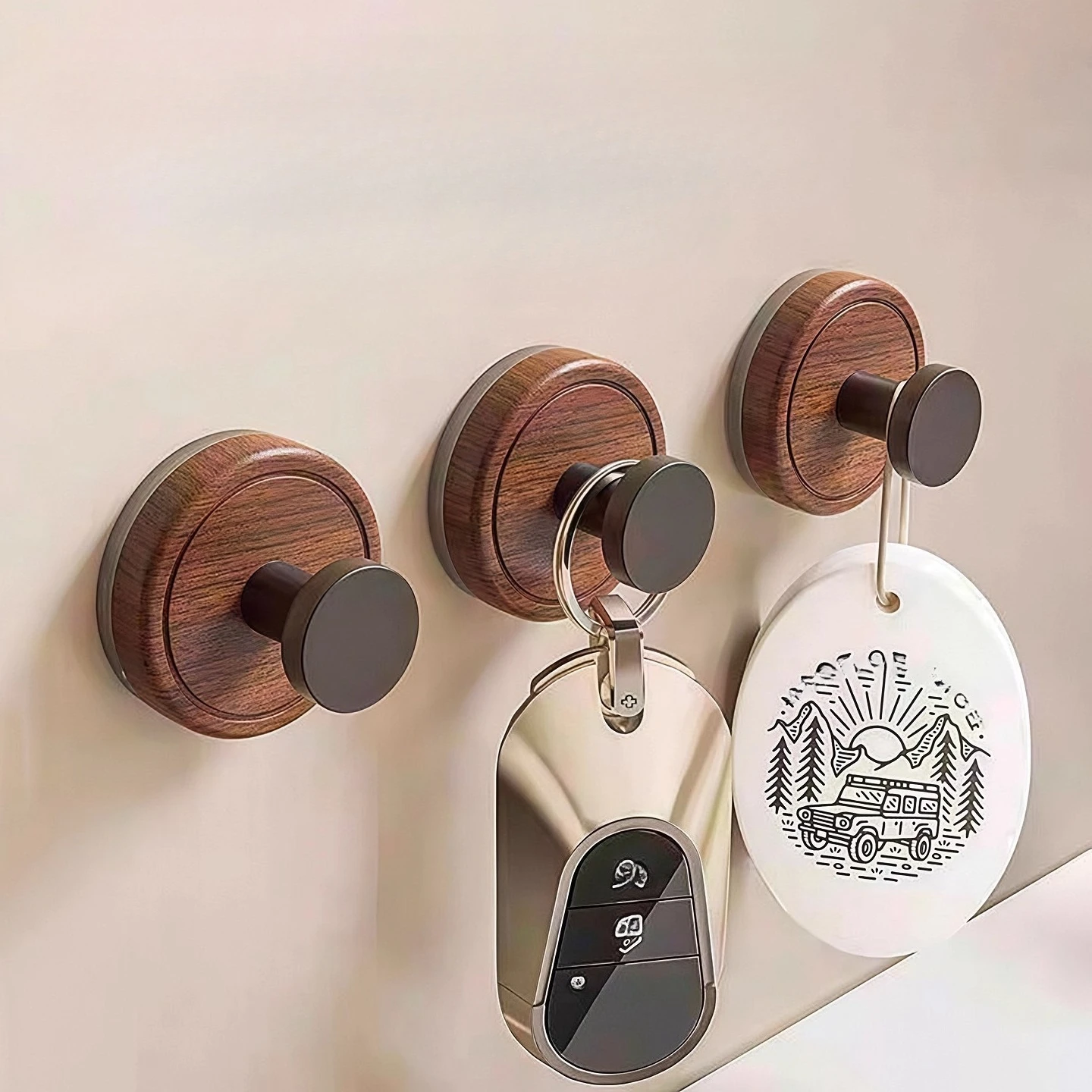 6-Pack Wood Grain Suction Cup Hooks, No-Drill, Knob-Reinforced Wall-Mounted Design,Strong Load-Bearing Capacity,Sturdy & Durable