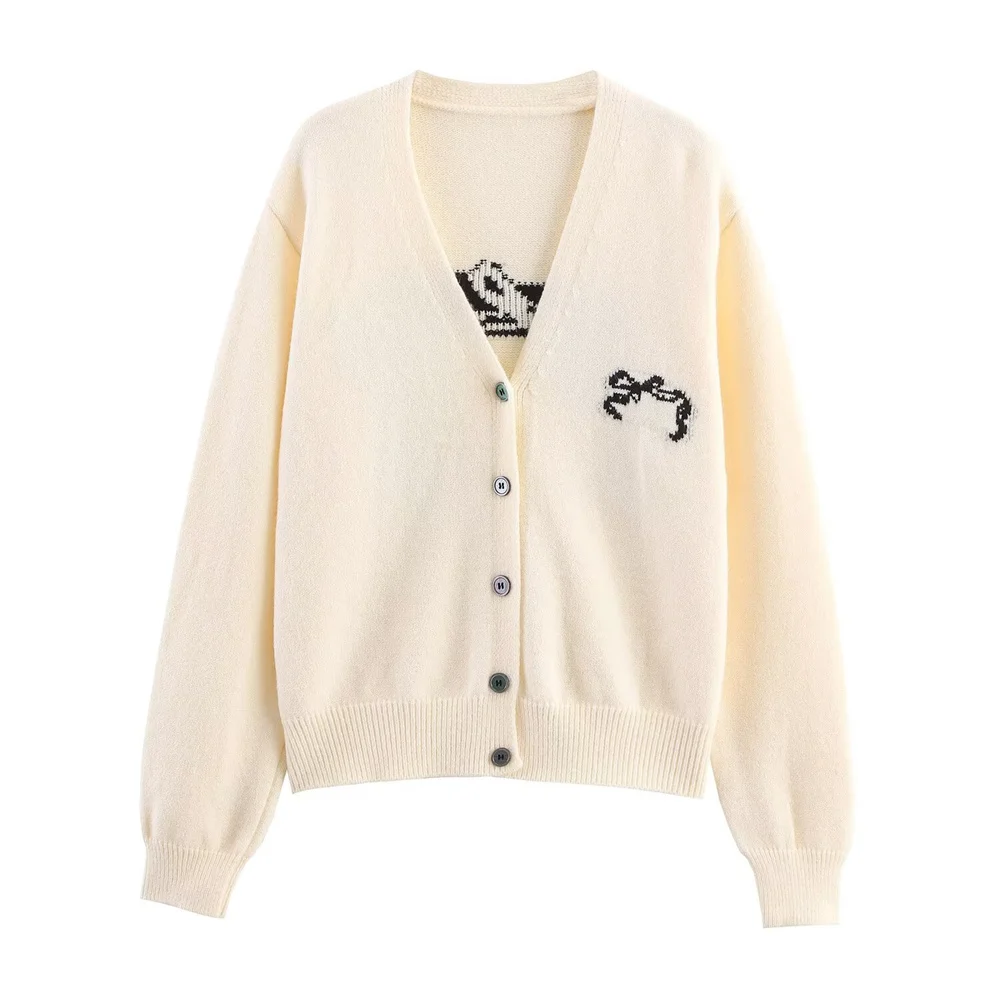 women's autumn new product casual versatile V-neck long sleeved single breasted knitted sweater jacquard cardigan