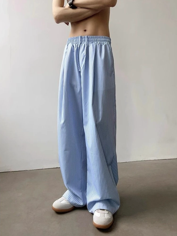 Vintage American Style Blue Vertical Striped Wide Leg Pants Men Women Loose Casual Floor Length Straight Trousers​