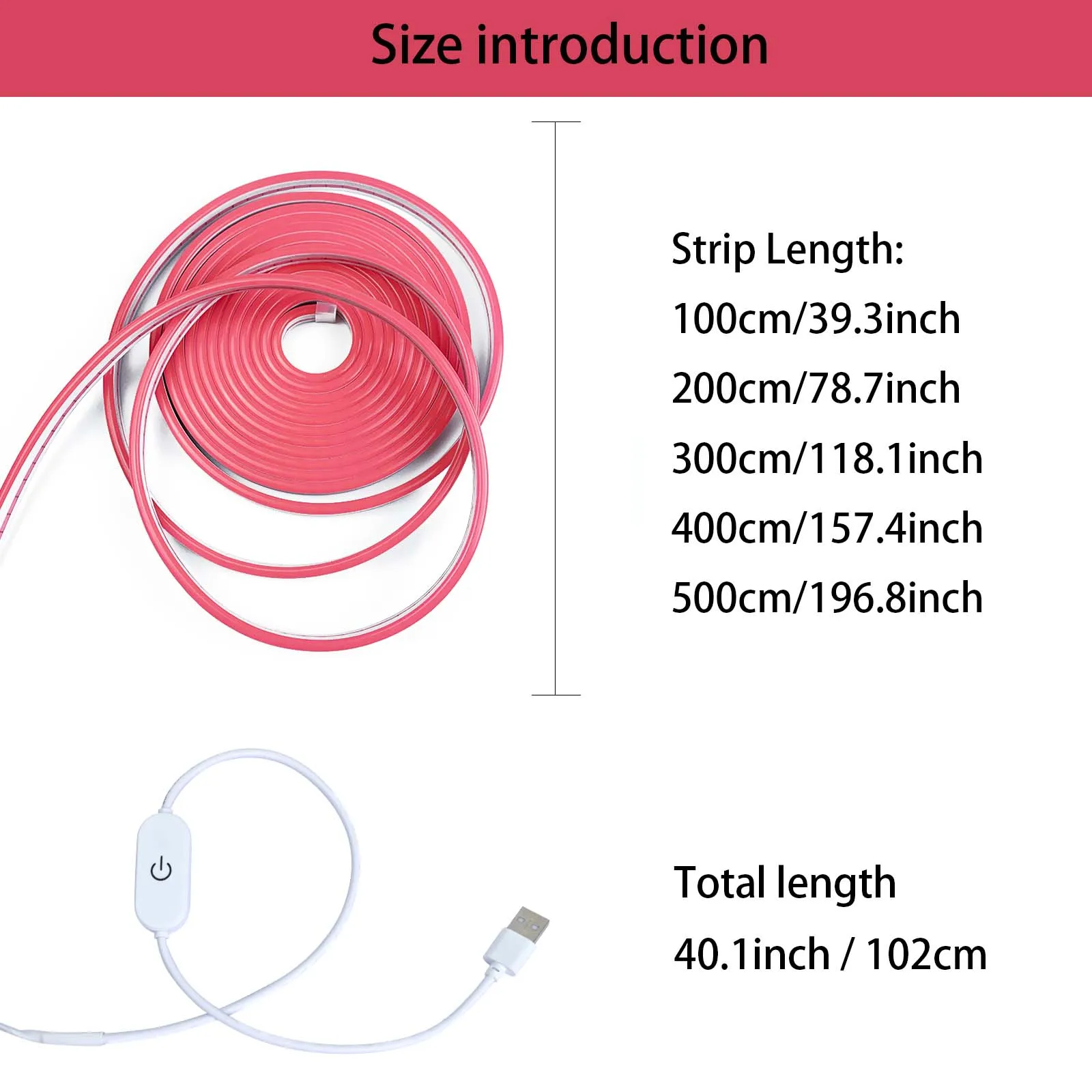 1-5m/39.3-196.8inch Led Pink Elastyczna neonowa listwa świetlna, niskonapięciowy zasilacz USB 5v, sterowanie dotykowe, zewnętrzne wewnętrzne