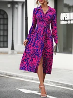 Elegant Random Print Button Down Shirt Dress Women's Long Sleeve Belted Waist Midi Dress Spring Fall Office Casual Dress - Image 4