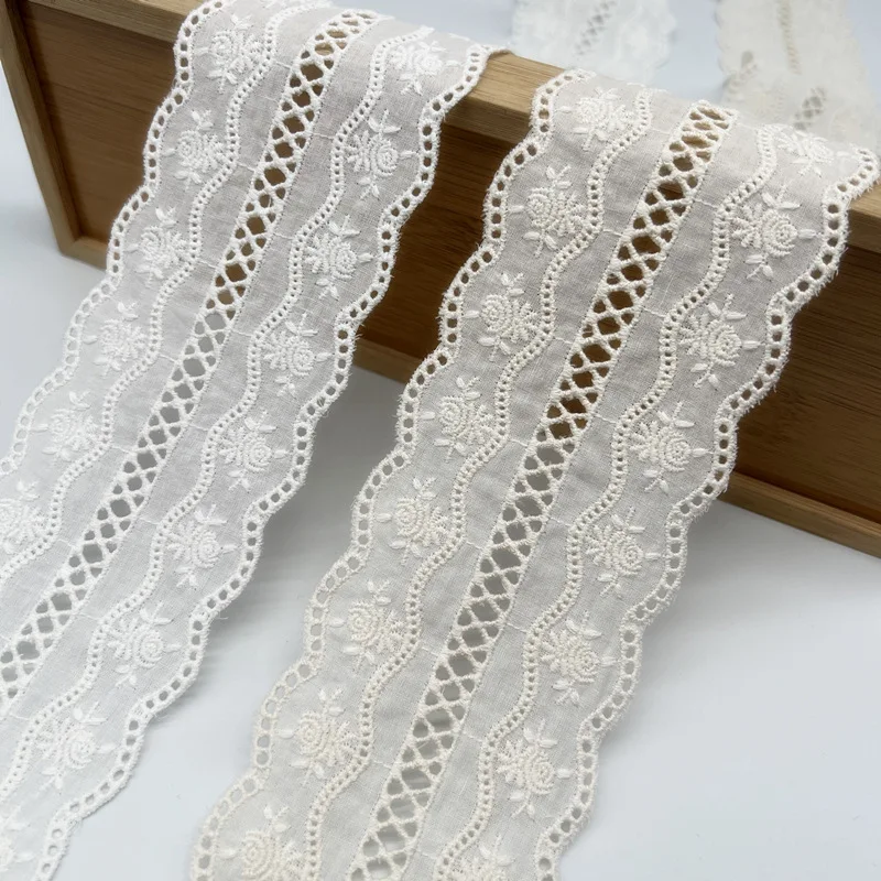 Wholesale 2/3/5yards Pure cotton Beige/Paper White 7.5cm Double Waves Embroidered Lace Accessories Cotton Fabric X937