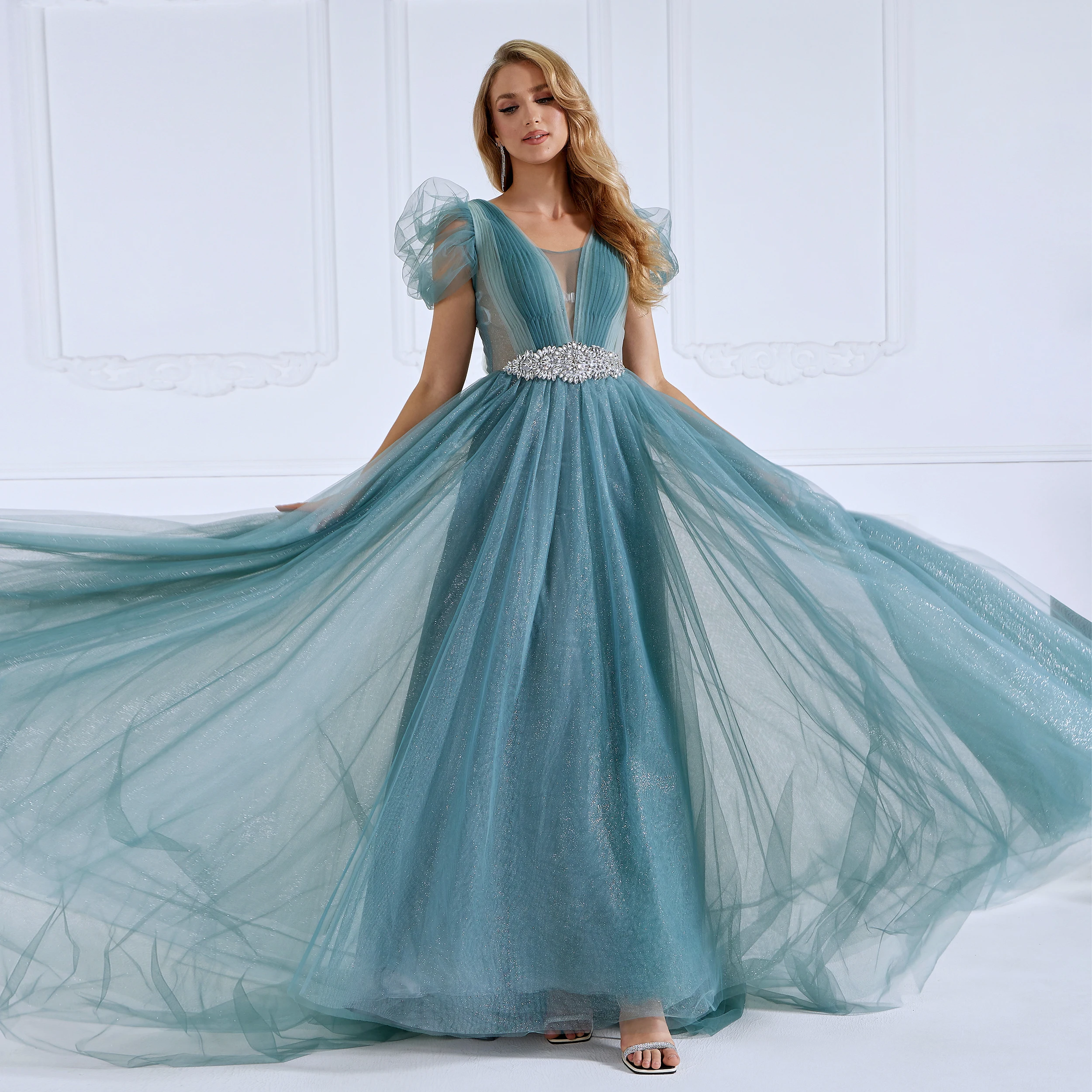 

V Neck Blue Tulle Ankle Length Dress Elegant Prom Dress #21336D