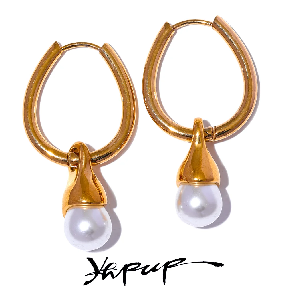 

Yhpup Removable Stainless Steel Geometric Imitation Pearls Drop Hoop Earrings Gold Color Fashion Elegant Daily Jewelry for Women