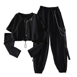 Spring Autumn Women Harajuku Cargo Pants Handsome Cool Two-piece Suit Chain Long Sleeve+Ribbon Pants