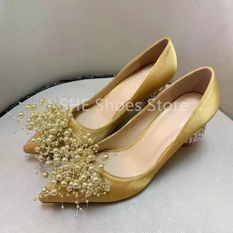 String Bead Flower Decor Leather Pumps for Women Fashion Design Strange Heel Pointed Toe Shallow Slip-On Ladies Hight Heels