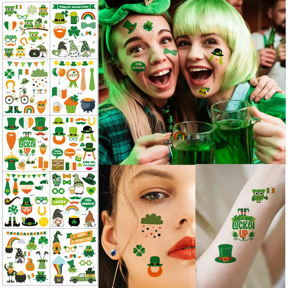 

10 шт. временные татуировки для ирландского фестиваля Дня Святого Патрика, декор для тела, клевер, зеленая шляпа, узор, татуировки, наклейки для рук, лица
