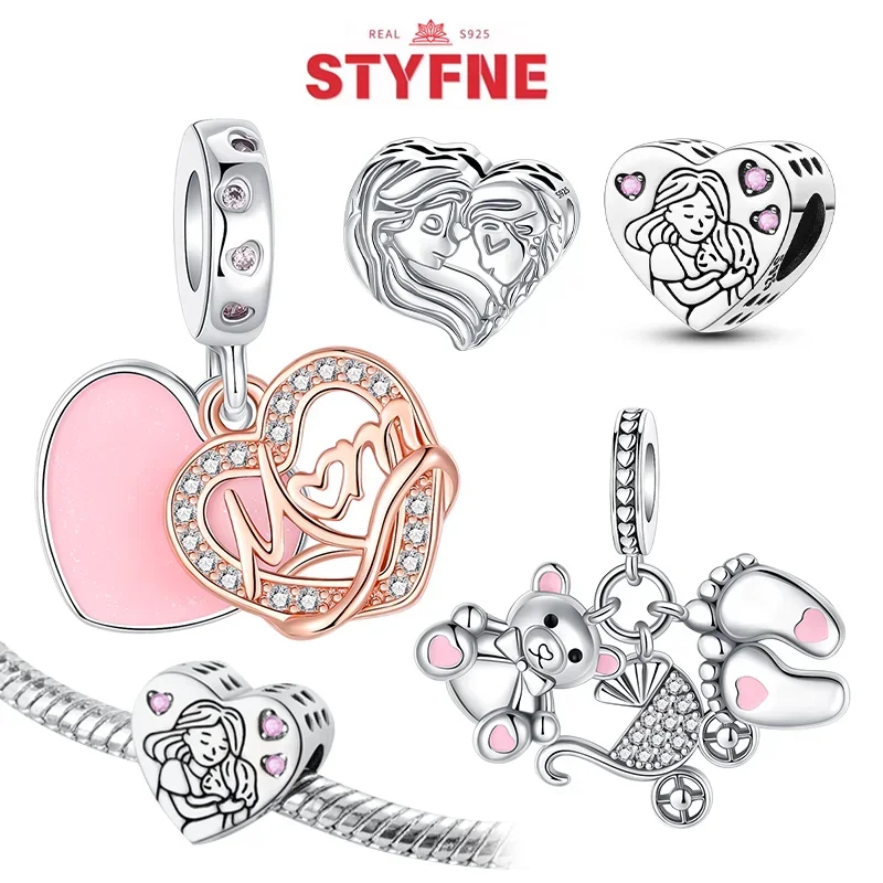 

925 Sterling Silver Love Mom Rose Gold Pendant Charms Heart Beads Fit Pandora Original Charm Bracelets Women DIY Jewelry Gift