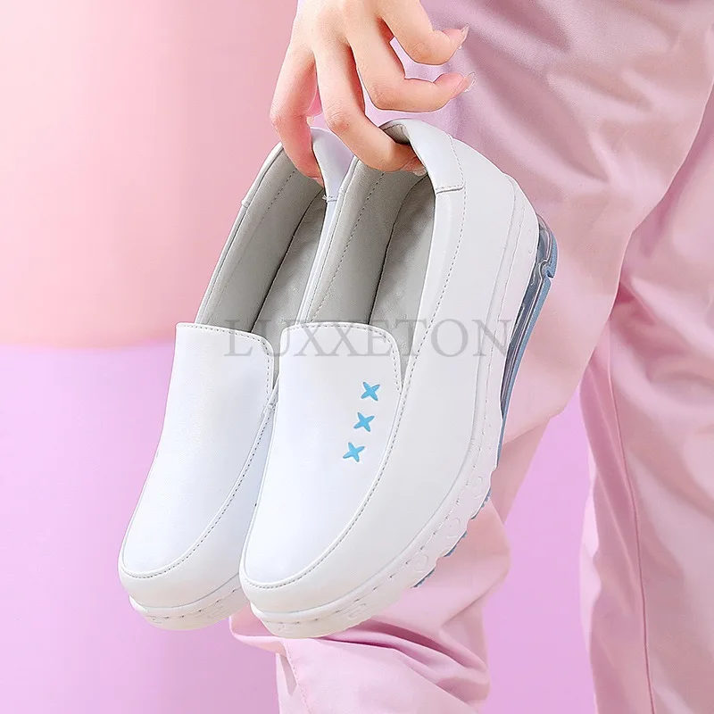 Genuine Leather Air Cushion Nurse Shoes for Women Spring New Soft Sole Breathable Anti Slip Flat Bottomed Medical Shoes