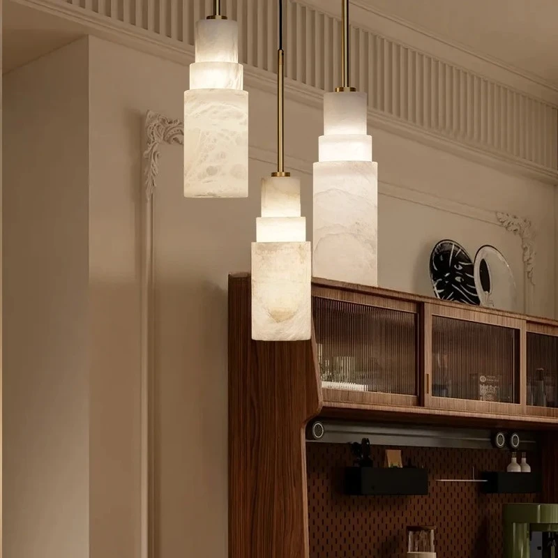 Spanish Natural Marble Pendant Light Triple-head Brass Dining Table Bar Bedroom Bedside Lighting Translucent Stone Home Lamp