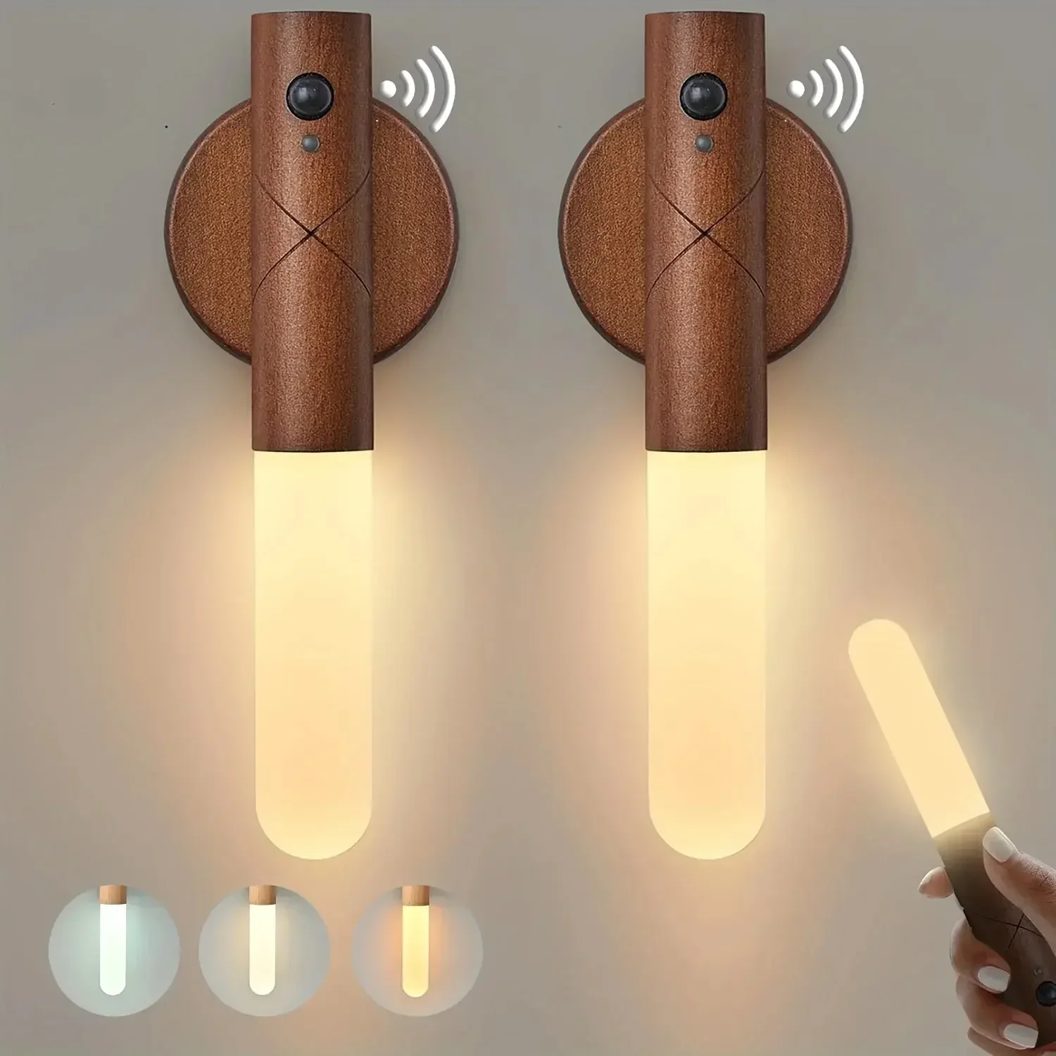 

LED Wooden Night Light with Motion Sensor Wall Sconce, USB Rechargeable Dimmable 3 Color Temperature, Magnetic Mount Night Lamps