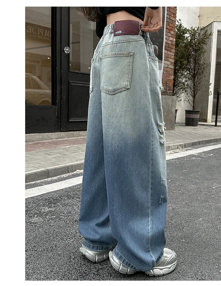 ZOETOPKID Mädchen Zerrissene Distressed Jeans Weite Hose mit Elastischem Bund Farbverlauf Denim-Hose für Kinder – Detail 10