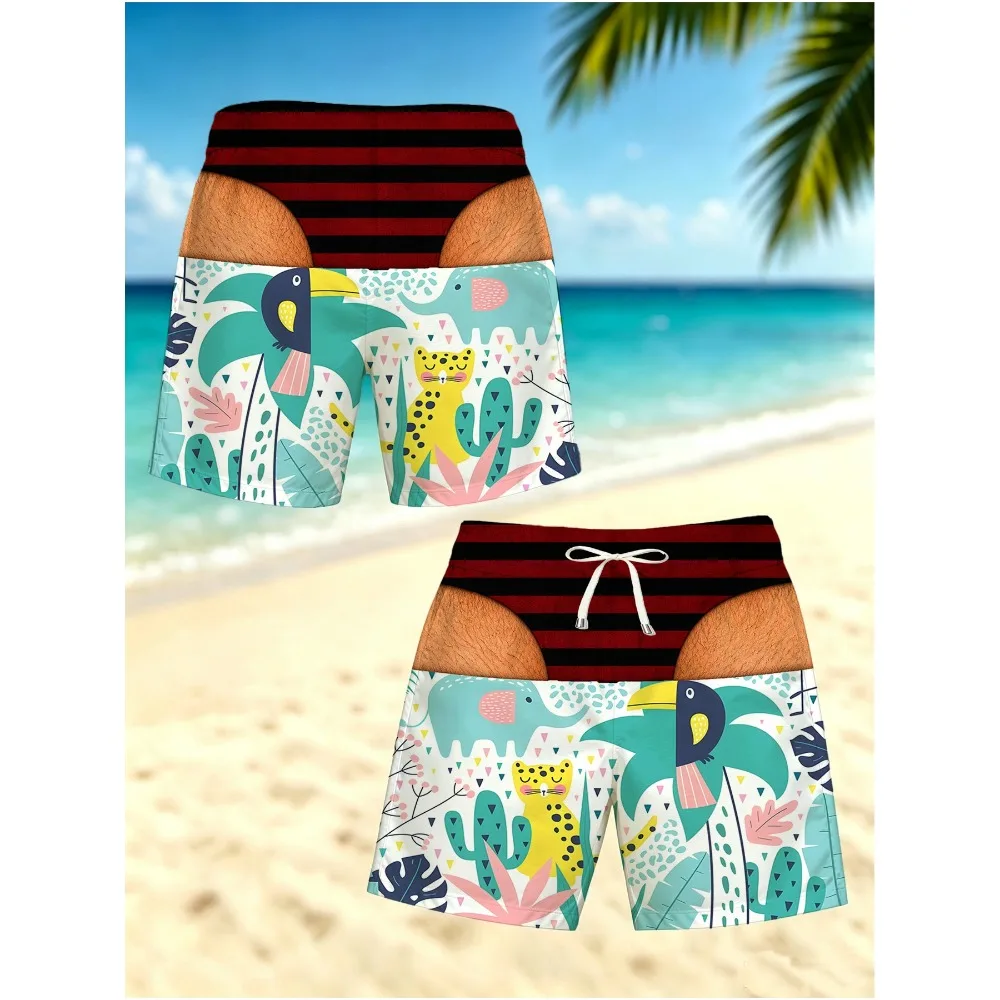 Men Funny Optical Illusion Swim Trunks Red Black Striped Fake Thong Boardshorts Cartoon Jungle Animal Beach Shorts