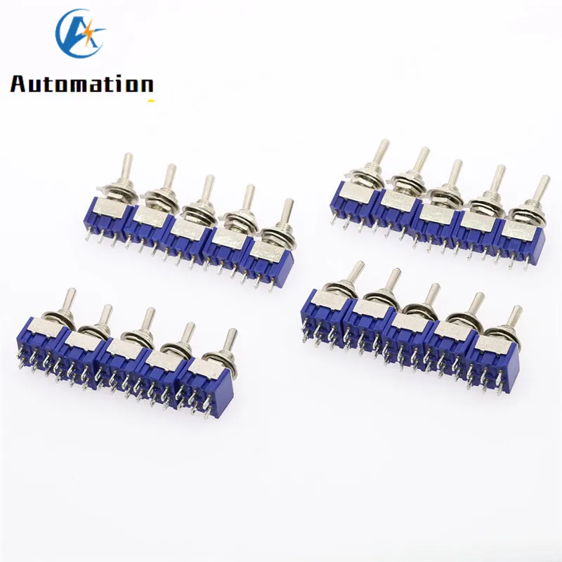 5Pcs Miniature Lever  Toggle Switch Single Pole Double Throw ON-OFF-ON /ON-ON 120VAC 6A 1/4 Inch Mounting MTS-102 103 202 203