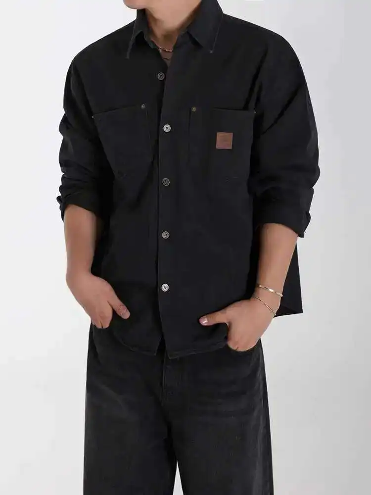 

Мужские рубашки, однотонные, новые, в корейском стиле, с длинными рукавами, повседневные, свободные, с отложным воротником, мужская рубашка, пальто, осень 2025 г.