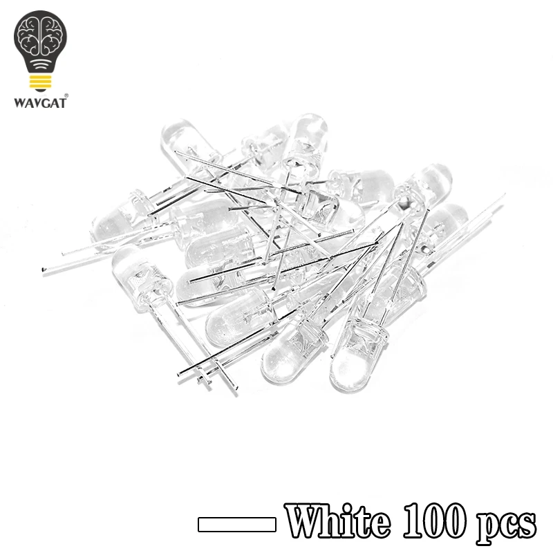 100PCS 5MM F5 LED Diode 5 mm Light Assorted Kit Green Blue White Yellow Red COMPONENT DIY kit