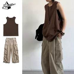 Japanese Summer Set Men Women Quick-drying Breathable Sleeveless Vest+Multi-pocket Loose-fitting Cargo Pants Two-piece Unisex