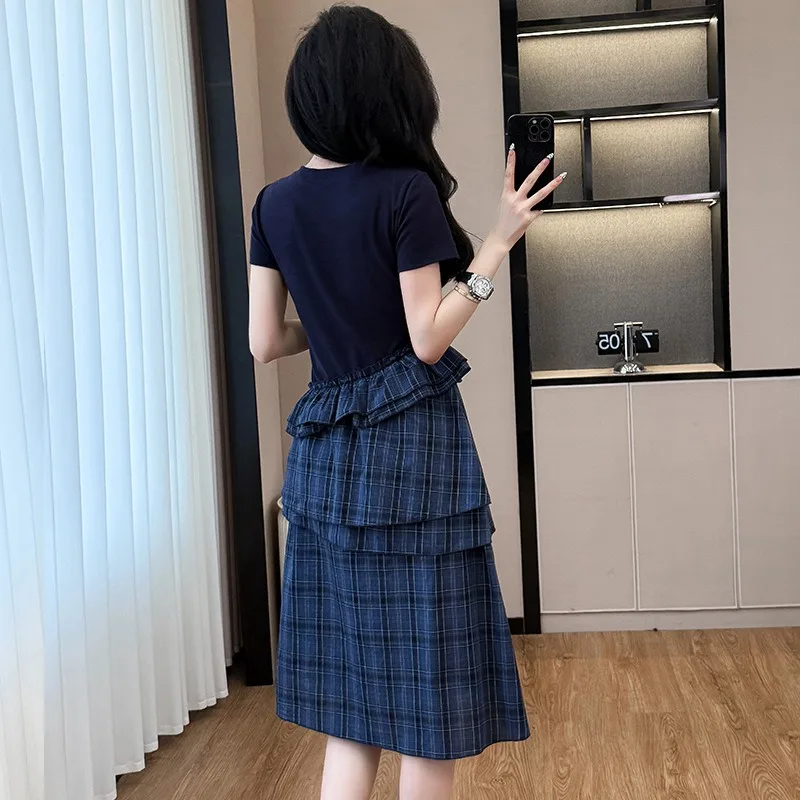 ผู้หญิงฤดูร้อนชุดแฟชั่น ruffled ลายสก๊อต patchwork hem ชุด Chic ปลอม 2 ชิ้น O-คอแขนสั้น Maxi แยกเสื้อยืดชุด