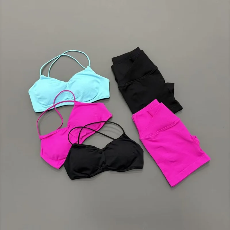 2PCS Woman Gym Vision Sets Cross Backless Bra And Shorts Seamless Breathable Yoga Clothes Pilates Workout Fitness Sports Suit