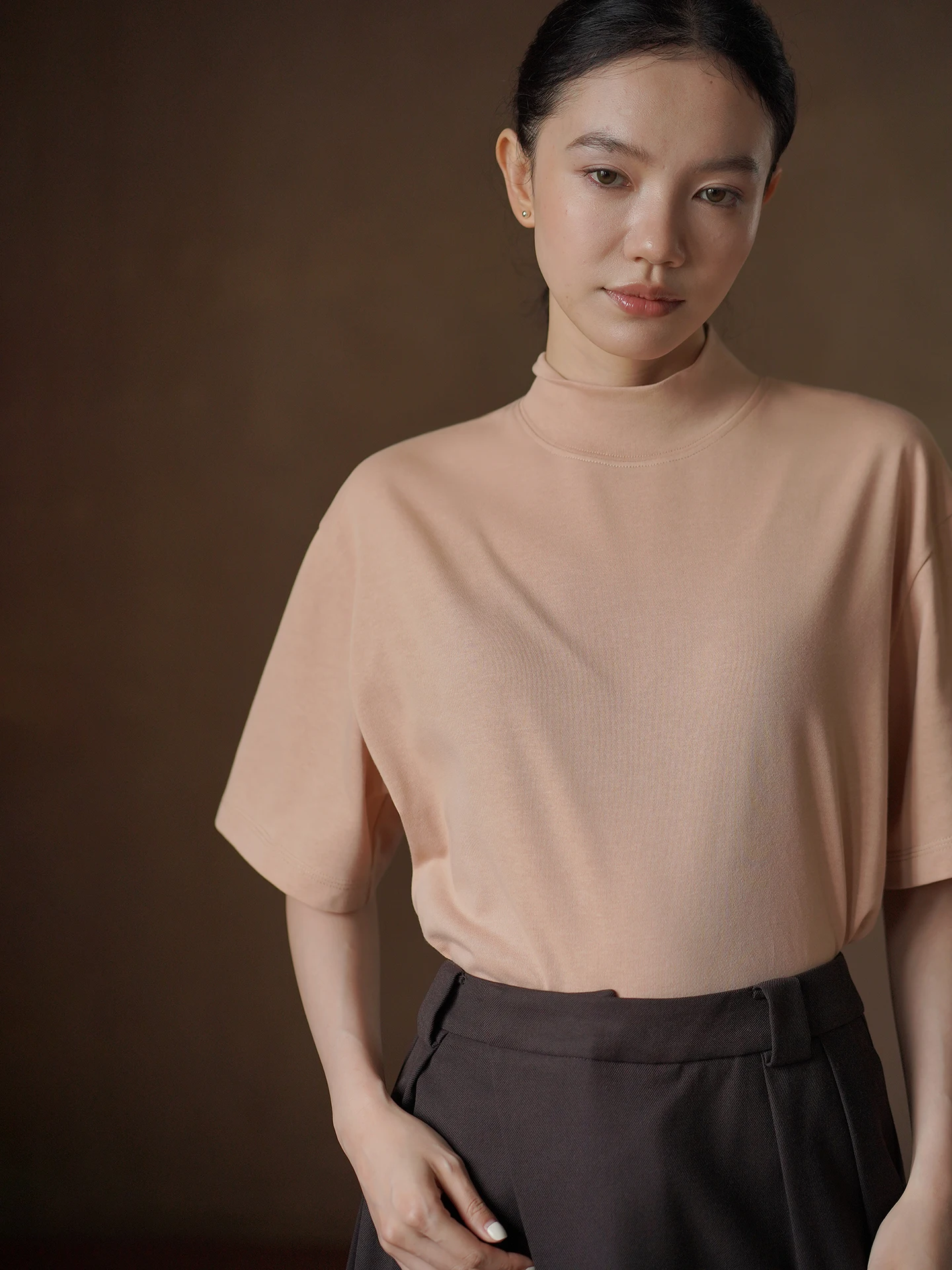 Hacikis Miss Smooth Cotton Feel Casual Top Half High Collar Short Sleeve Loose Slimming Soft Fabric Autumn T-Shirt for Ladies