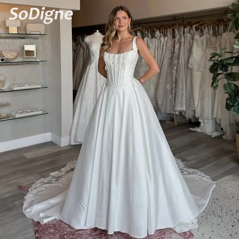 

SoDigne A-line Satin Wedding Dresses Sleeveless Lace Appliques Bridal Dress 2026 Long Bride Gown vestidos de novia Customized