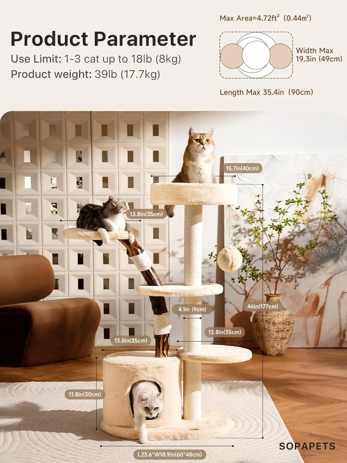 Small Modern Unique Aesthetic Cat Tree for Indoor Cats Large Adult,46 Inches Tall Natural Real Wooden Cat Tree with Scratching