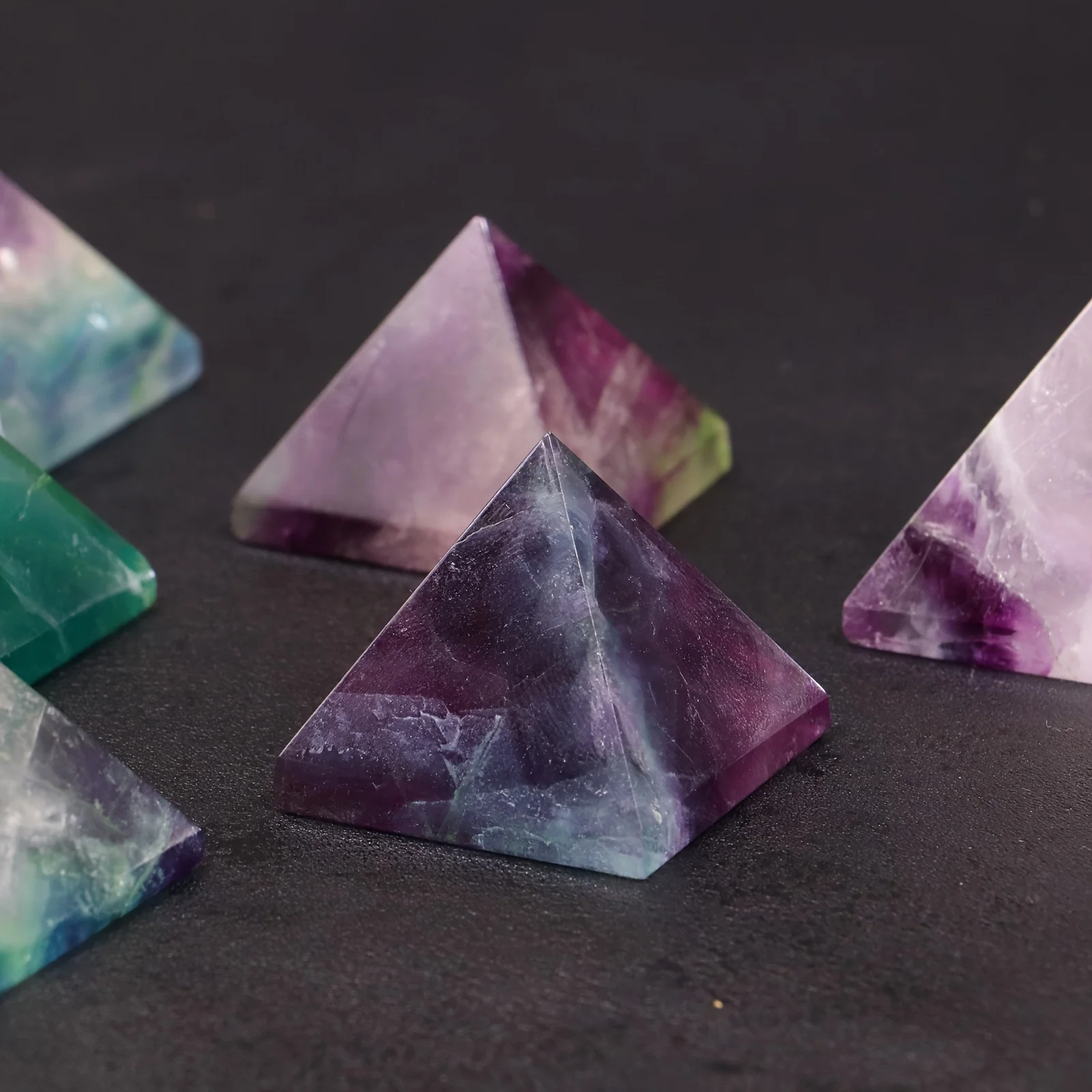 Rainbow Fluorite Crystal Pyramid Ornament - Art Deco Purple Fluorite Colored Stone for Meditation and Energy Healing