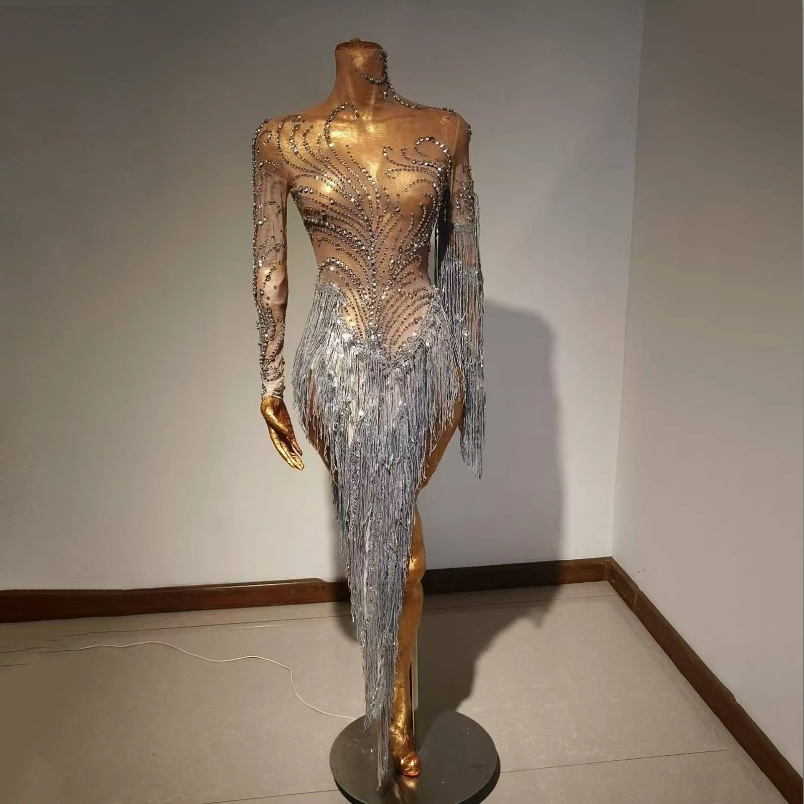 

Silver Rhinestones Fringes Long Dress Birthday Celebrate Transparent Dresses Women Dancer Ballroom Stage Costume Competition